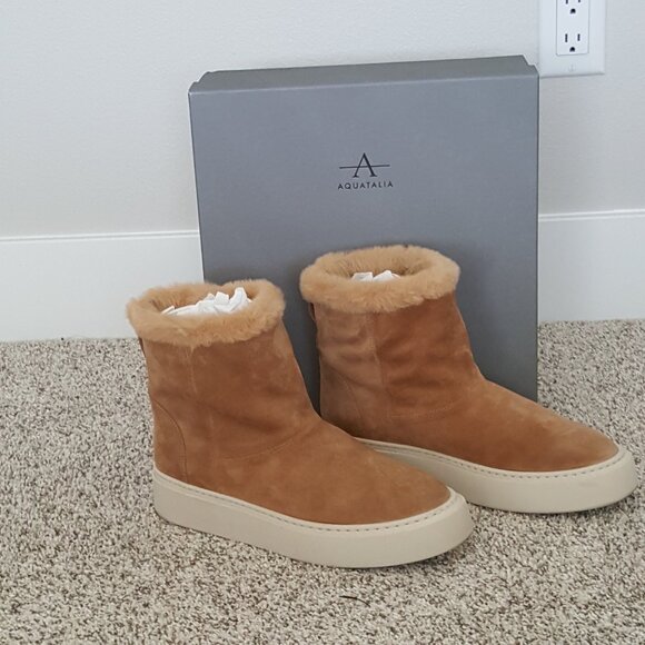 Aquatalia Shoes - $495 Aquatalia Lavina Suede Weatherproof Ankle Platform Boot Faux Fur Beige 9.5